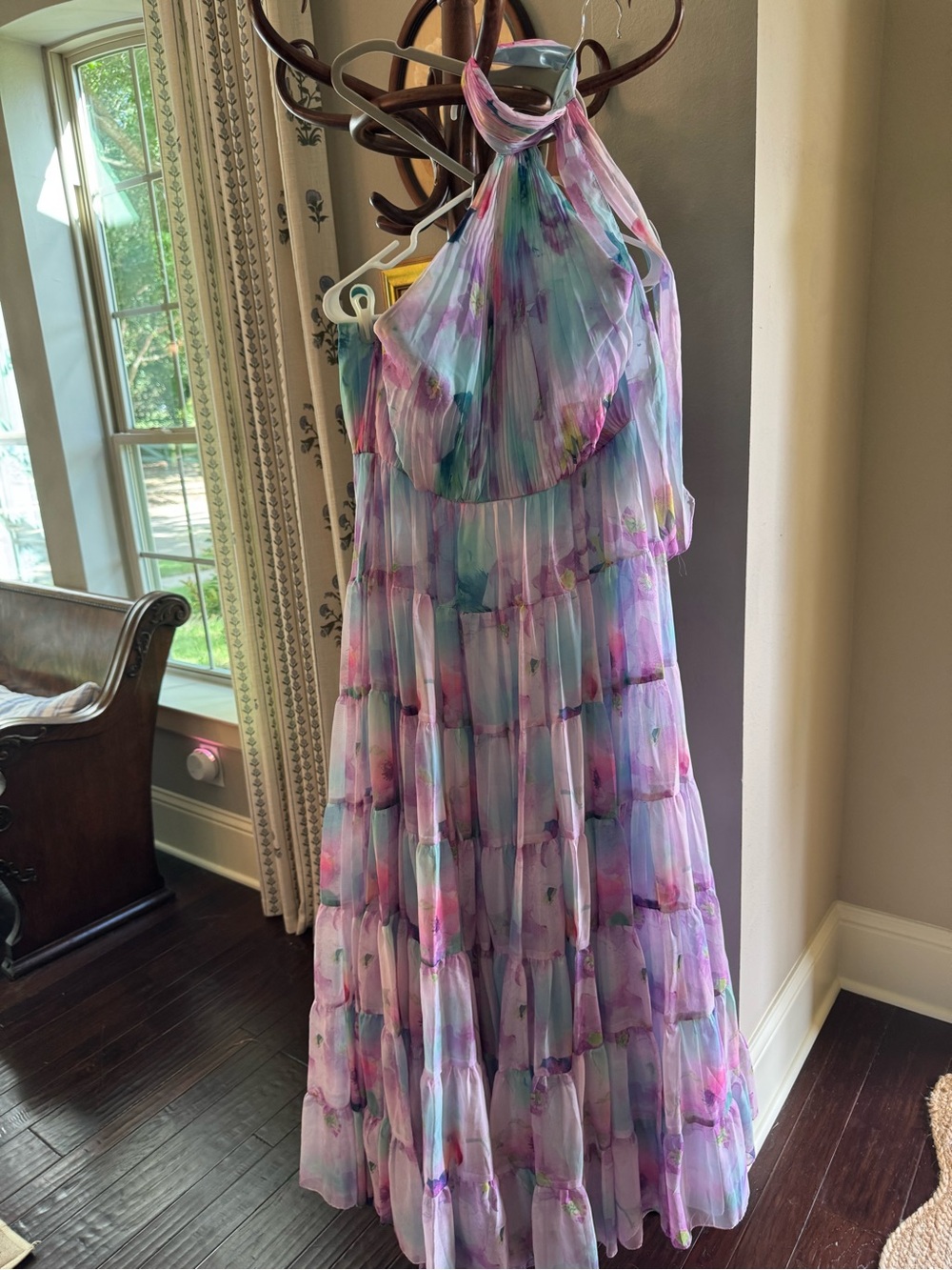 Mac Duggal women’s Lavender Multicolor Watercolor Halter Maxi Dress